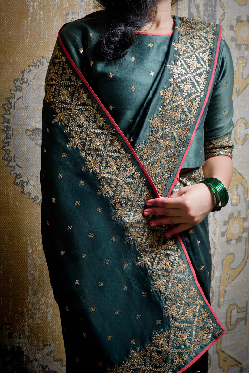 Tilli Bottle Green Saree