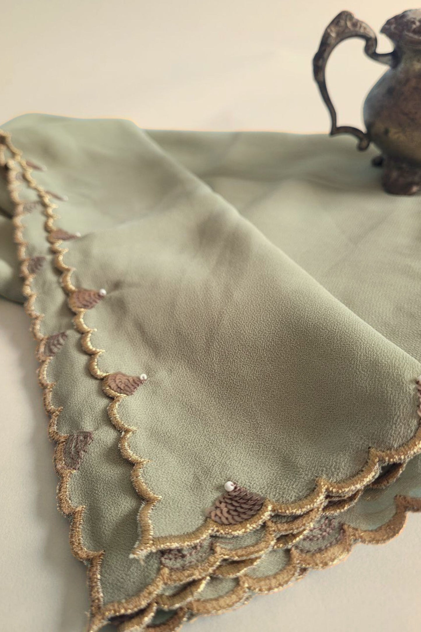 Hand Embroidered Dupatta-Chinh-Pista