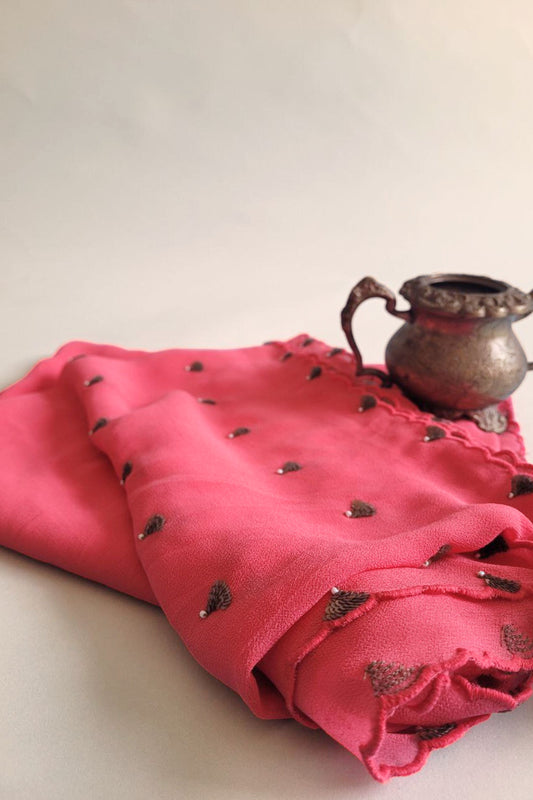 Hand Embroidered Dupatta- Bagaan- Pink