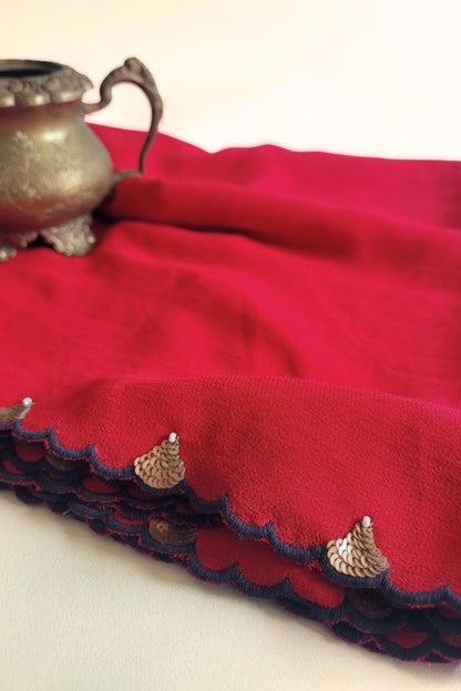 Hand Embroidered Dupatta-Chinh- Scarlet red