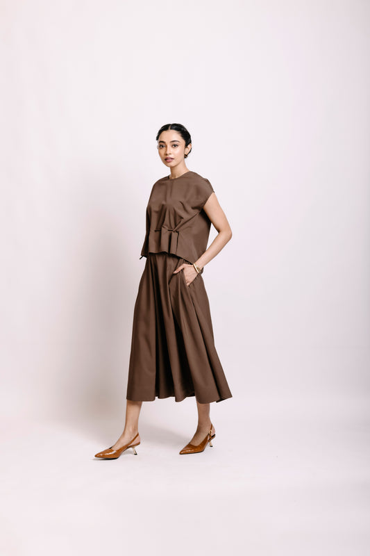 Soft poplin brown Co-ord set. Divided skirt yop with draw string.